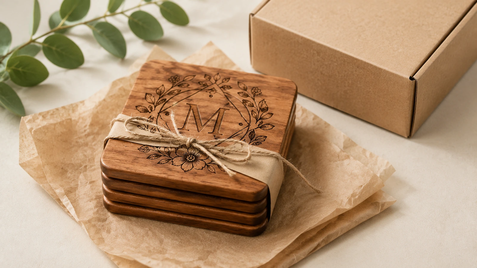 Confezione regalo di sottobicchieri in legno Pila di sottobicchieri in legno con monogramma legata con spago su carta velina accanto a una scatola