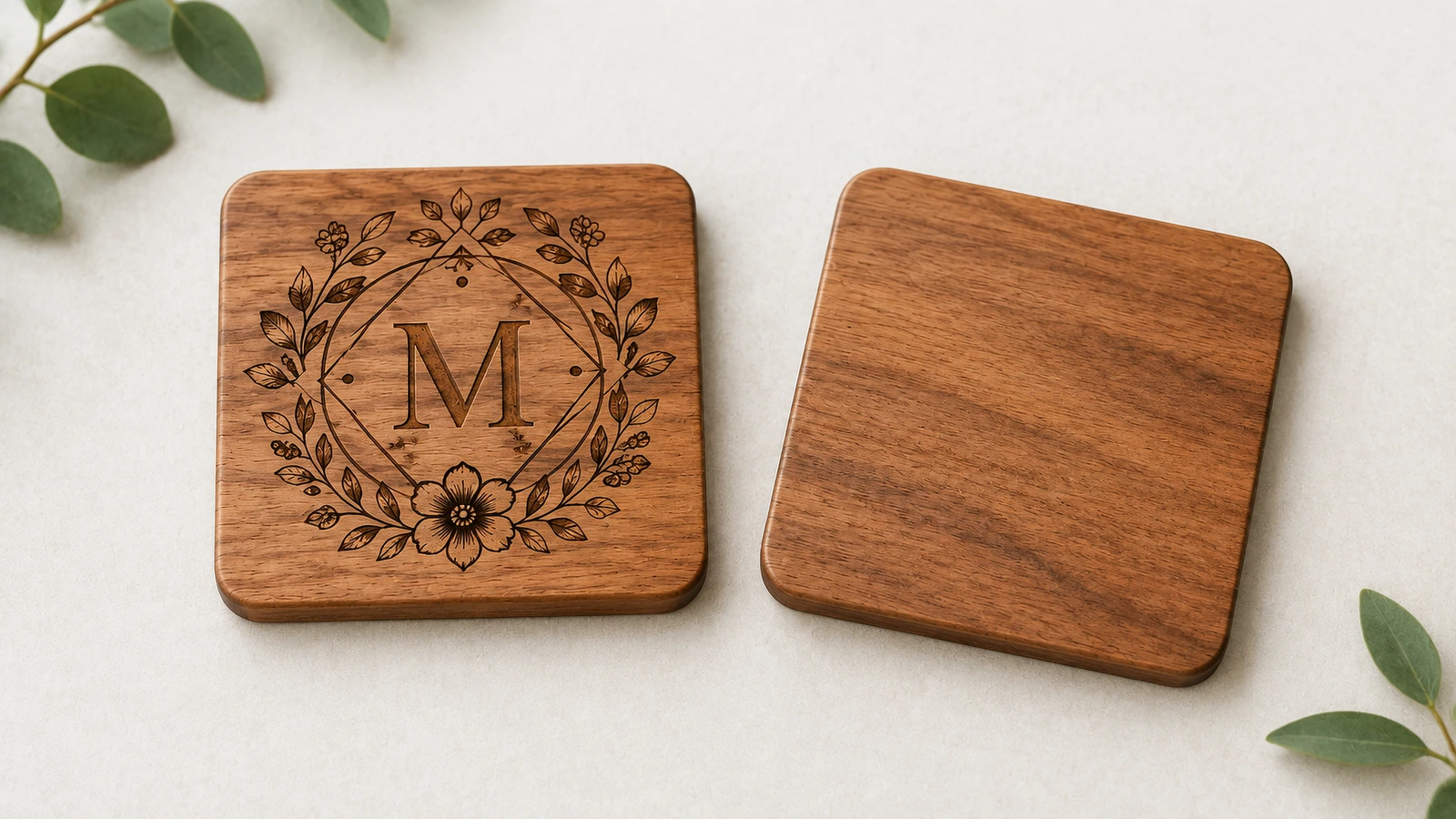 Sottobicchieri in legno incisi e semplici Due sottobicchieri quadrati in legno, uno con monogramma floreale e uno semplice