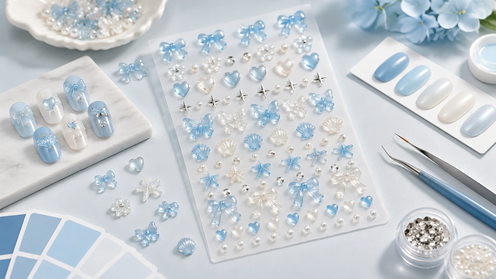 Fogli di decorazioni in rilievo blu e perlate accanto a campioni di unghie e pinzette