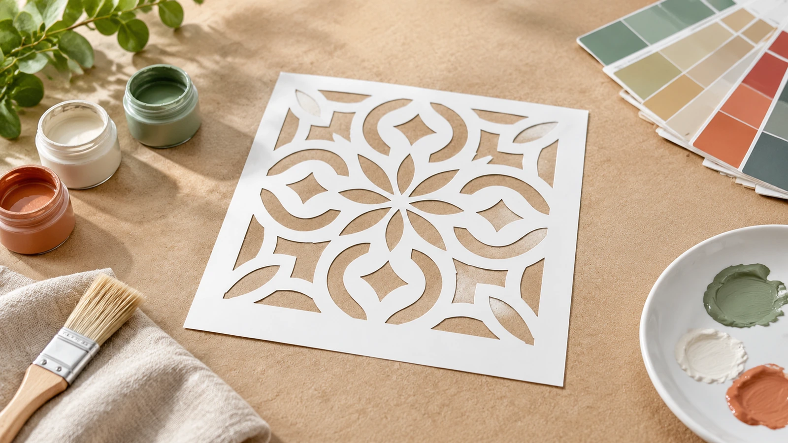 Stencil floreale bianco accanto a barattoli di vernice, un pennello e campioni di colore
