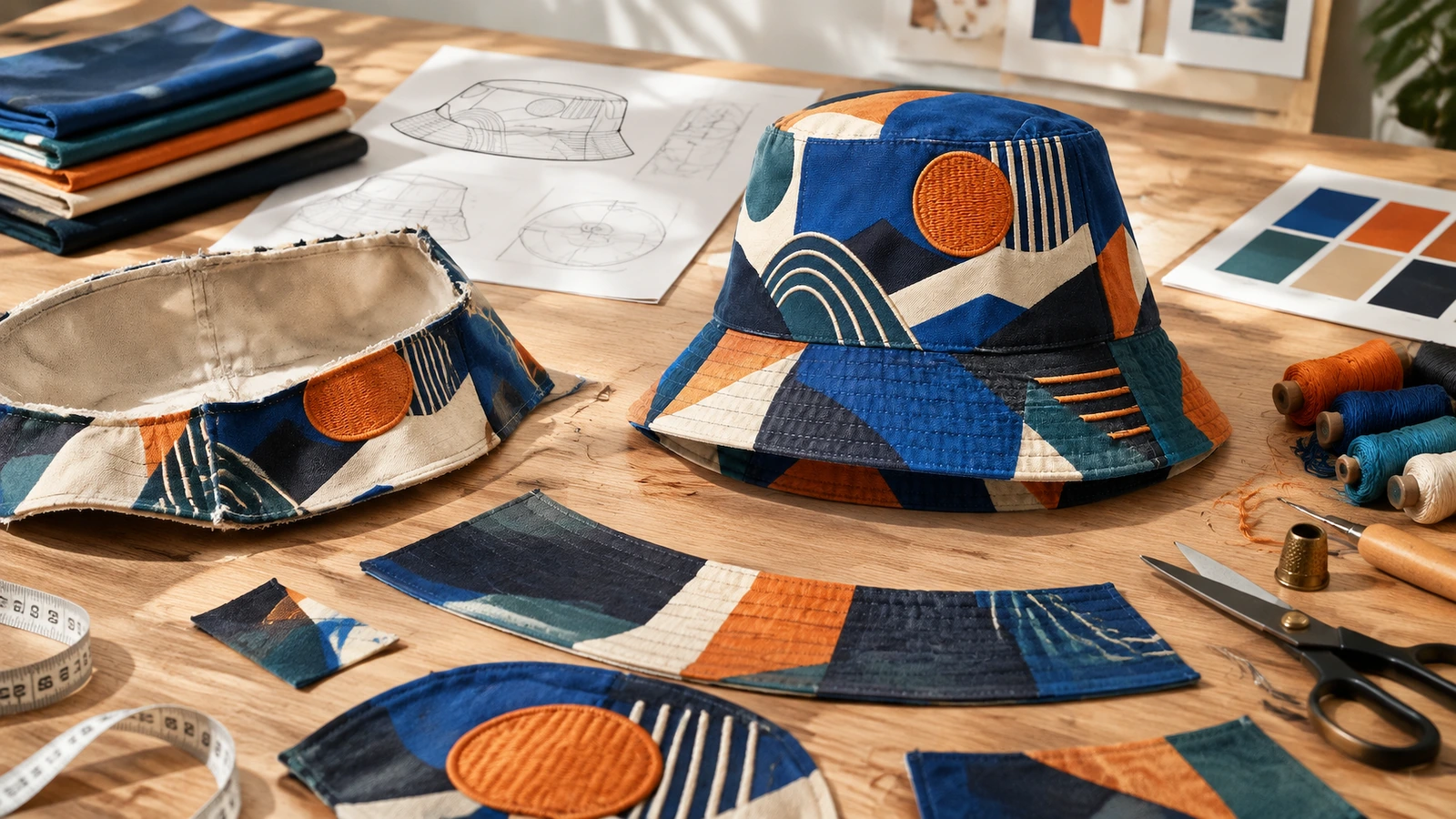 Design di bucket hat e materiali per cucito Bucket hat a motivi geometrici e pezzi di tessuto accanto a filo, bozzetti e campioni di colore