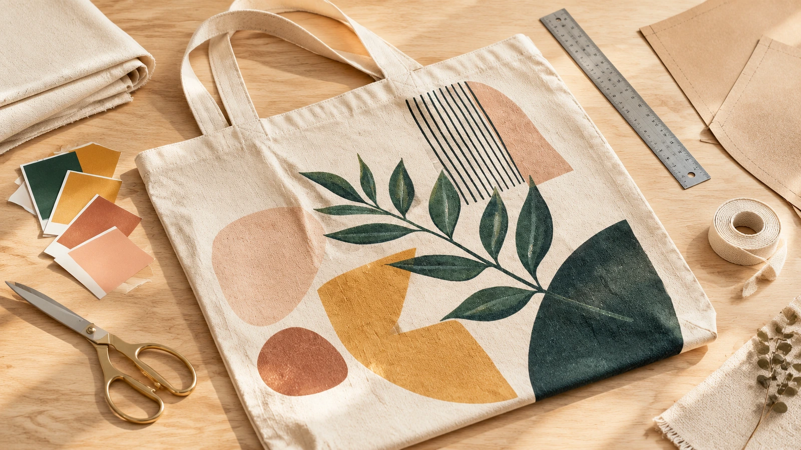 Tote bag in canvas con grafica a foglie e geometrica accanto a campioni di colore, forbici e righello