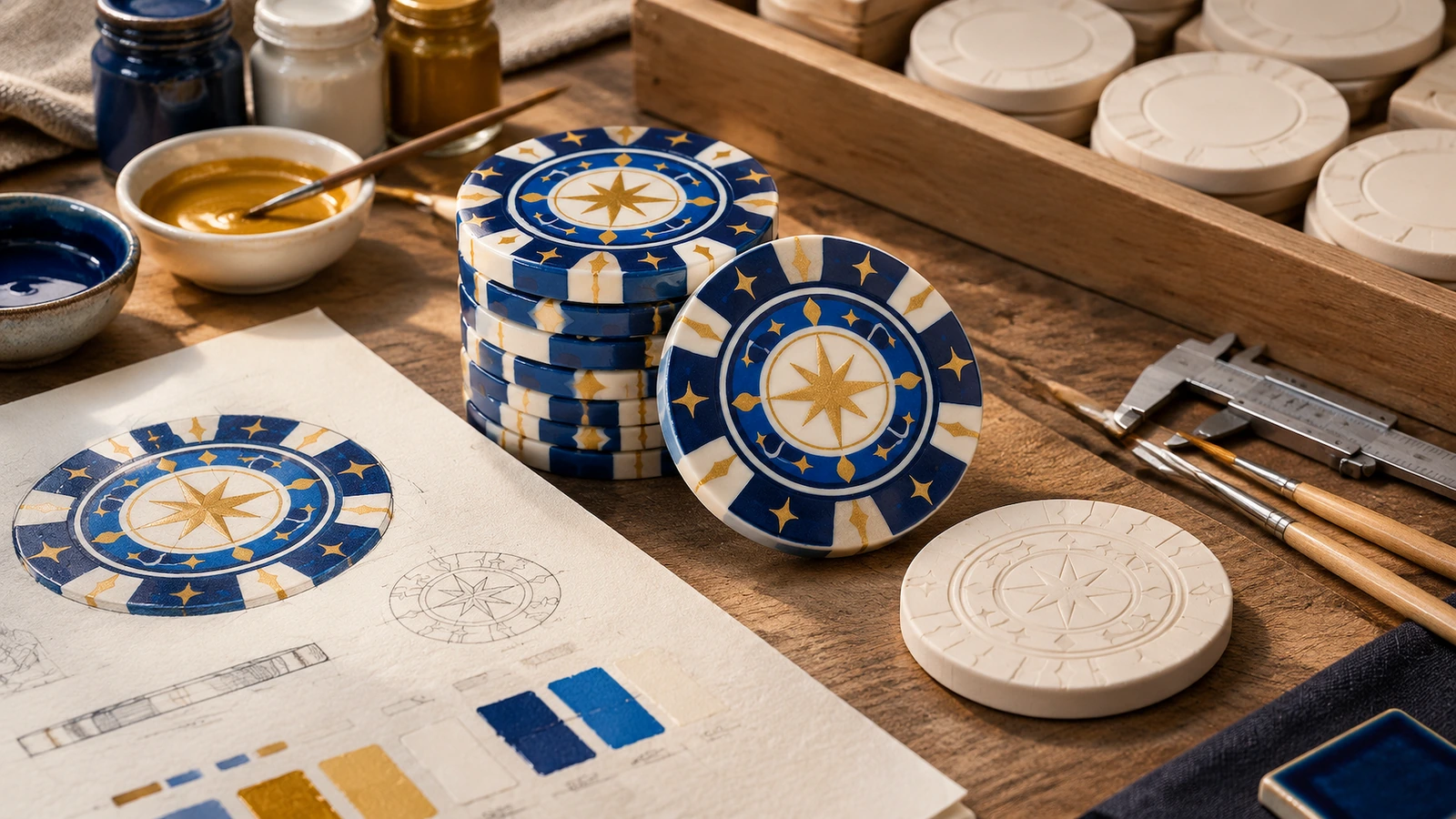 Fiche blu, bianche e dorate con disegno a stella e fiche vuote accanto a colori, attrezzi e bozzetti grafici