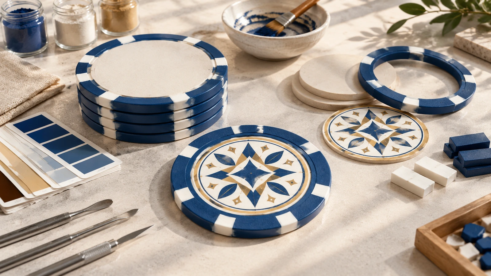 Componenti blu e bianchi di fiches da poker con disegni geometrici sul fronte, accanto a vernice e attrezzi per il fai da te