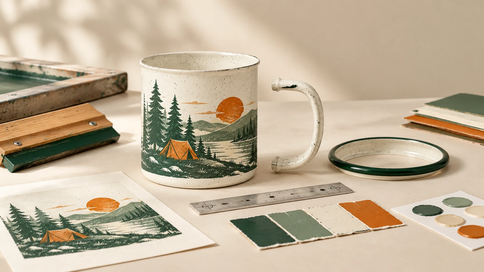 Corpo della tazza con disegno da campeggio accanto a un manico separato, anello del bordo verde, grafica, righello e campioni di colore