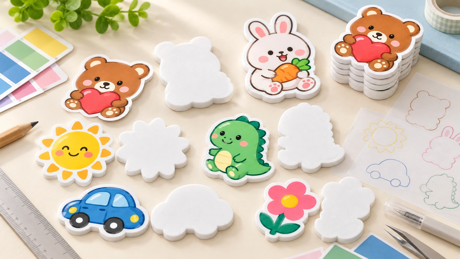Adesivi in schiuma colorati a forma di orso, coniglio, dinosauro, sole, auto e fiore, accanto a sagome tagliate vuote e attrezzi per il bricolage