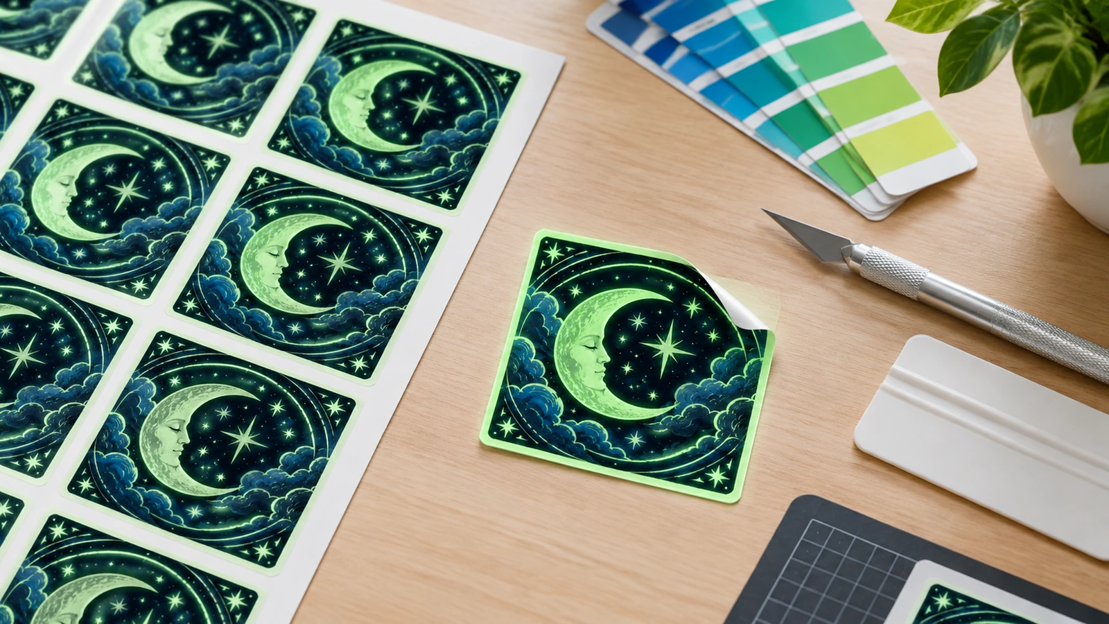 Foglio di adesivi con luna e stelle e adesivo quadrato sciolto accanto a un taglierino e a campioni di colore