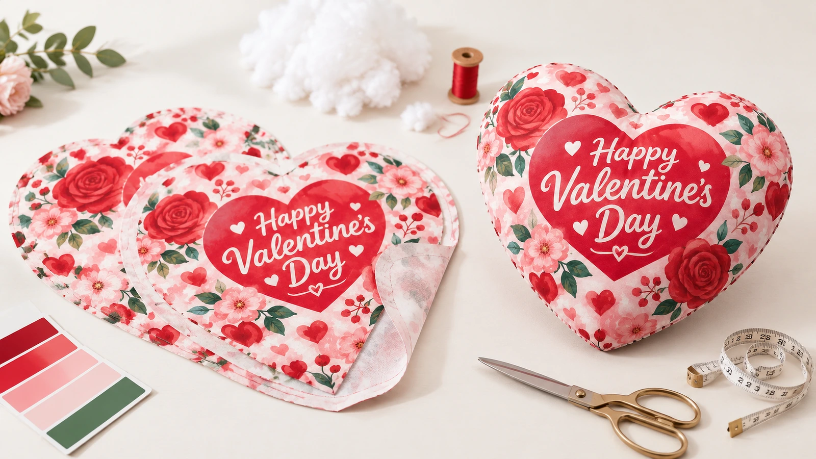 Pannelli floreali per cuscini a cuore di San Valentino e un cuscino imbottito accanto a materiale da cucito