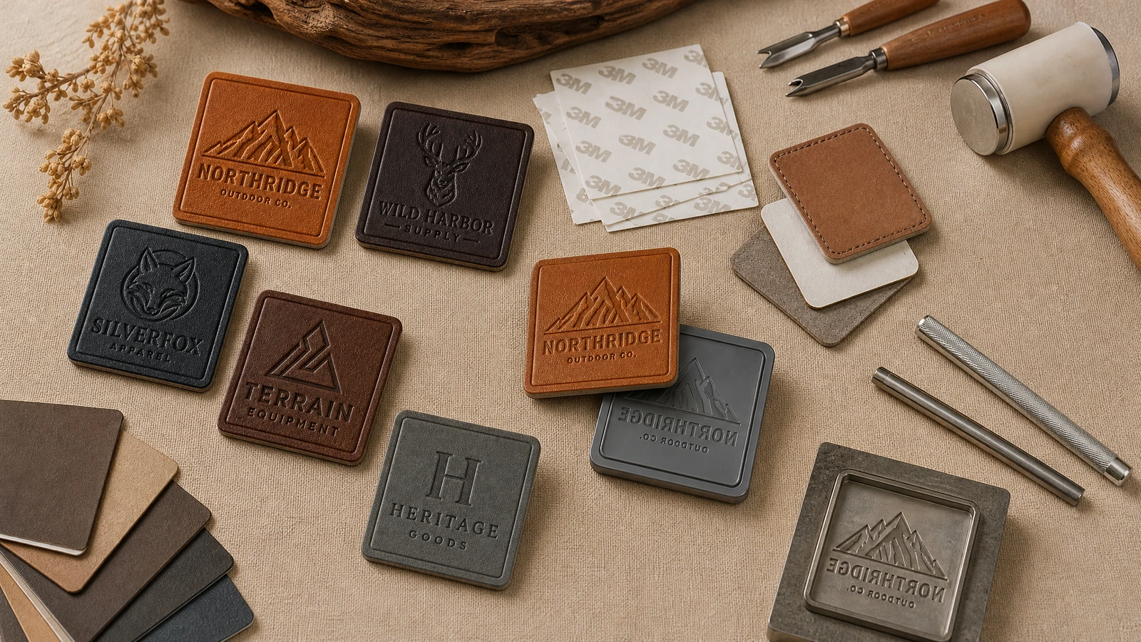 Design di etichetta di marca goffrata e area di lavoro dei materiali Assortimento di etichette di marca goffrate effetto pelle accanto a campioni di materiale e attrezzi manuali su un banco di lavoro