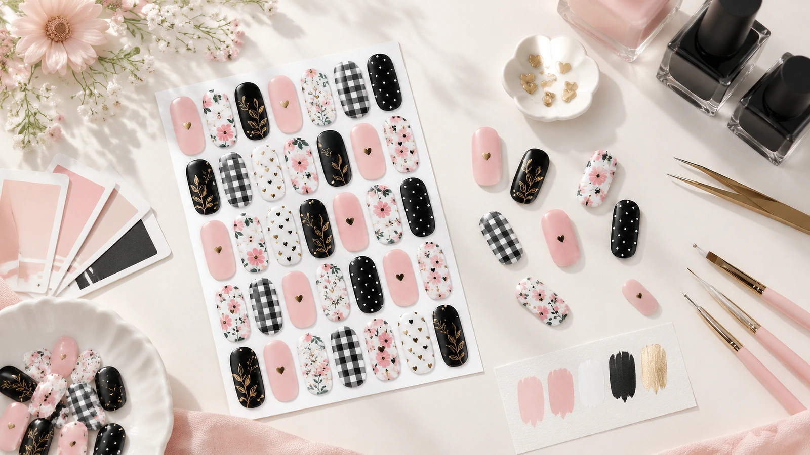 Foglio di decorazioni per unghie con motivi rosa, neri, floreali e a quadretti accanto a flaconi di smalto e strumenti