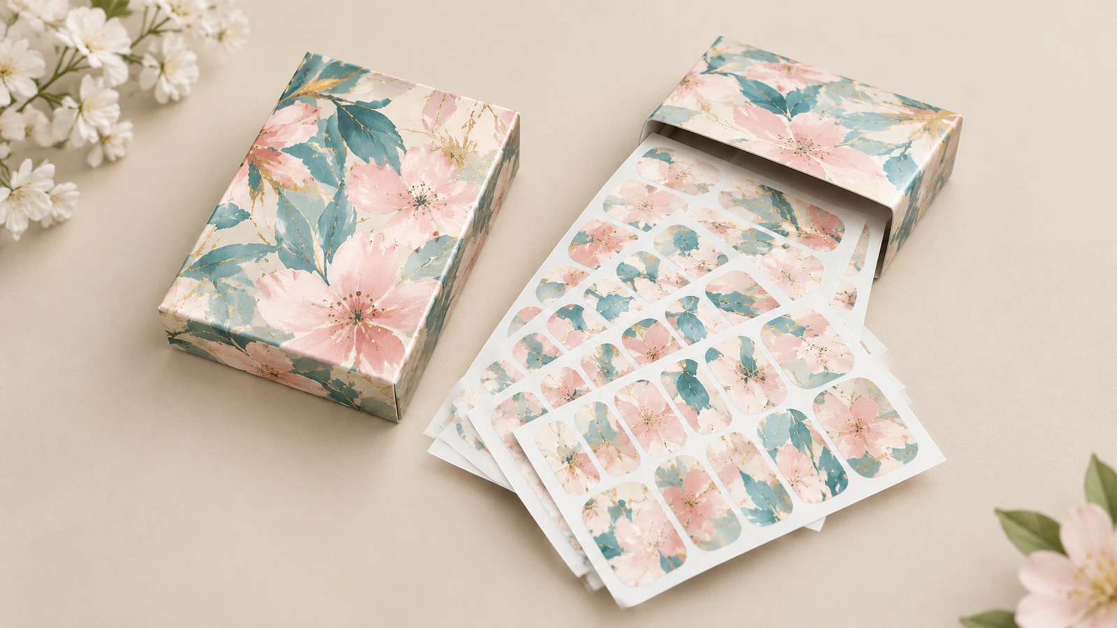 Formati di nail wrap floreali su fogli portanti Più fogli di nail wrap floreali esposti con scatole abbinate