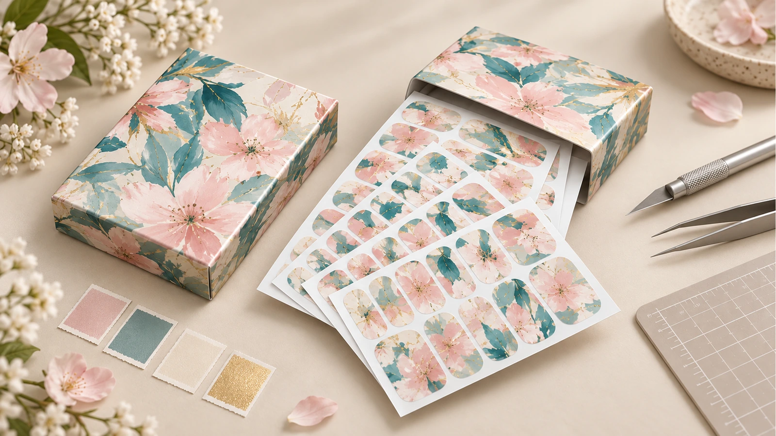 Fogli di nail wrap floreali e confezioni Fogli di nail wrap floreali che escono da scatole stampate abbinate, accanto a campioni di colore e strumenti