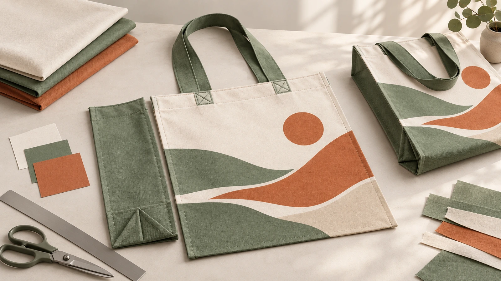 Tote color crema, verde e arancione con stampa paesaggio, campioni di tessuto e forbici