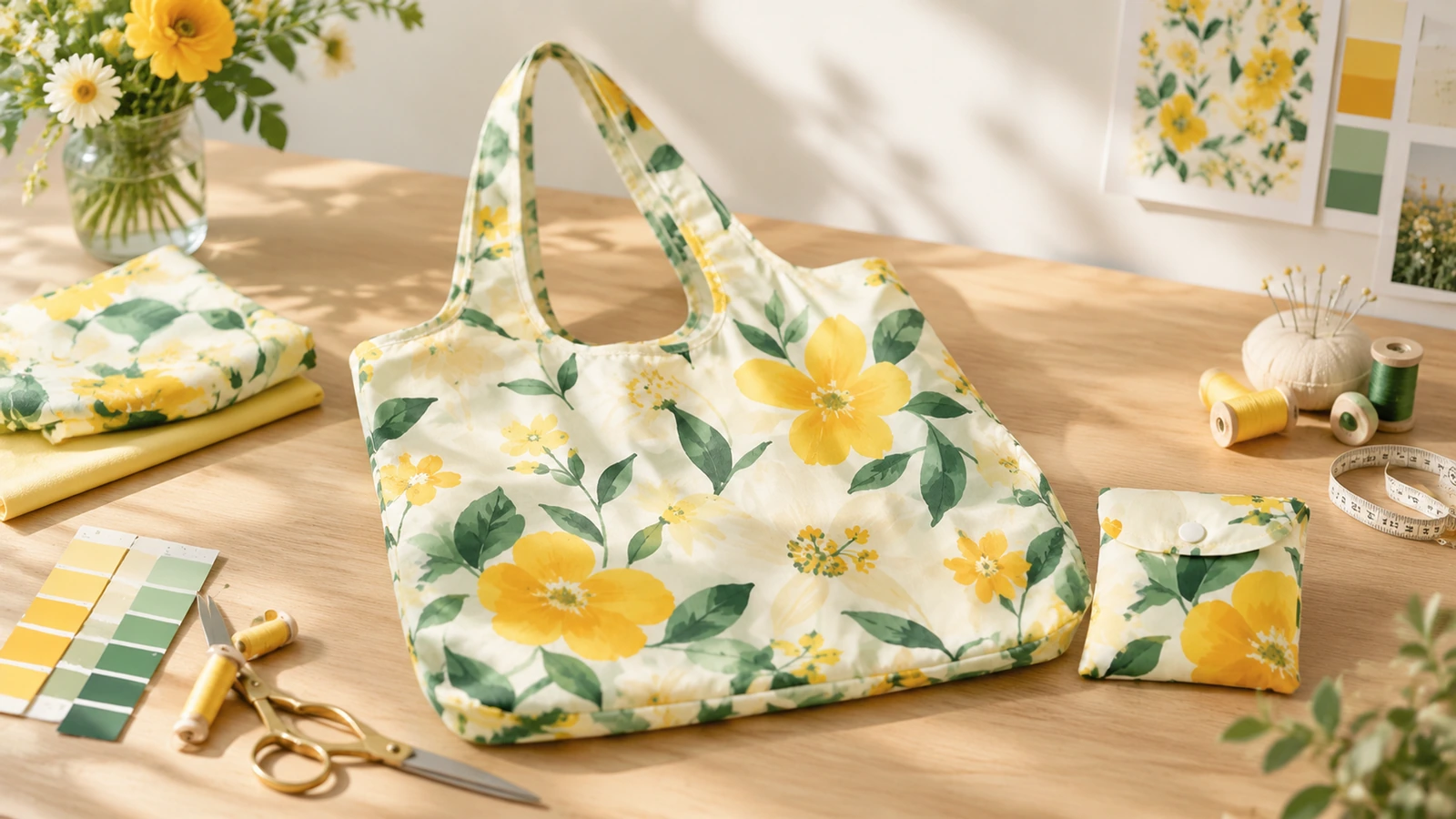 Tote bag floreale gialla e pochette abbinata accanto a campionari di tessuto, filo e attrezzi per cucire