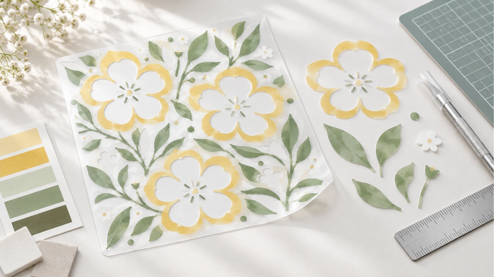Grafica di stencil floreale giallo e verde con righello, tappetino da taglio, taglierino e campioni di colore