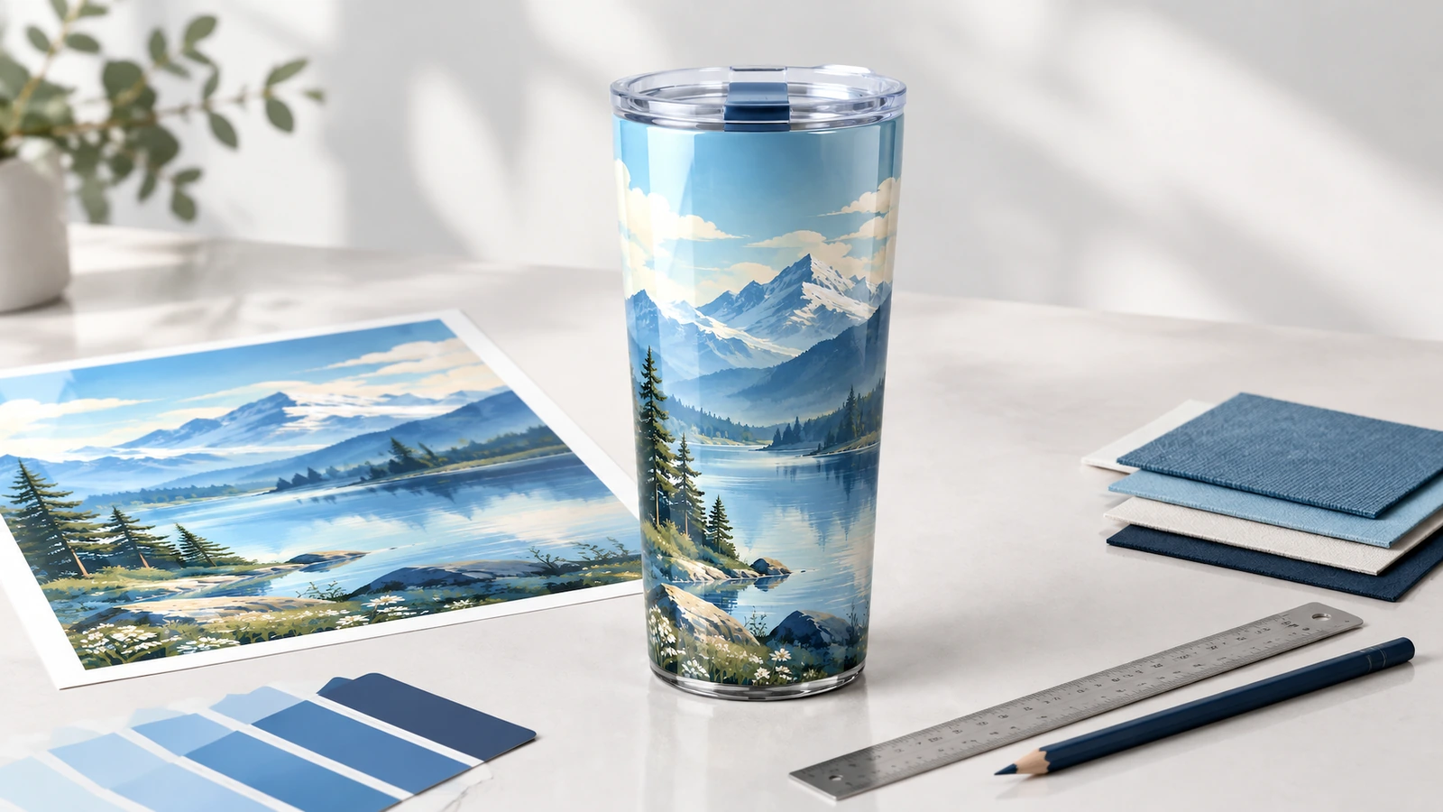 Tumbler in plastica con motivo di montagne accanto a un foglio grafico, campioni blu, un righello e dei quaderni