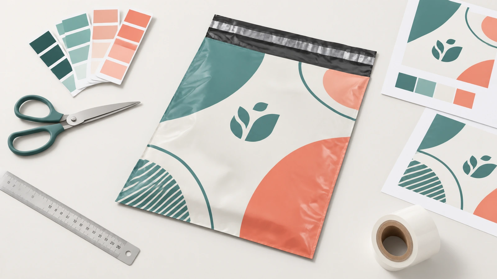 Illustrazione di una busta postale stampata verde, crema e corallo accanto a campioni di colore, fogli grafici e strumenti
