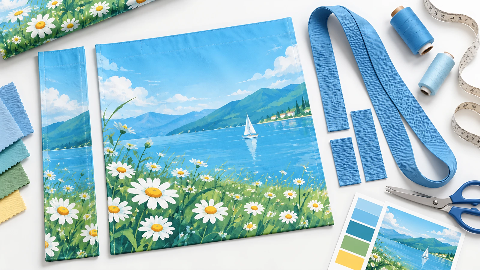 Componenti stampati di tote bag e materiali da cucito Pannelli di tote bag stampati con motivo lake-and-daisy, manici blu e attrezzi da cucito disposti su un tavolo