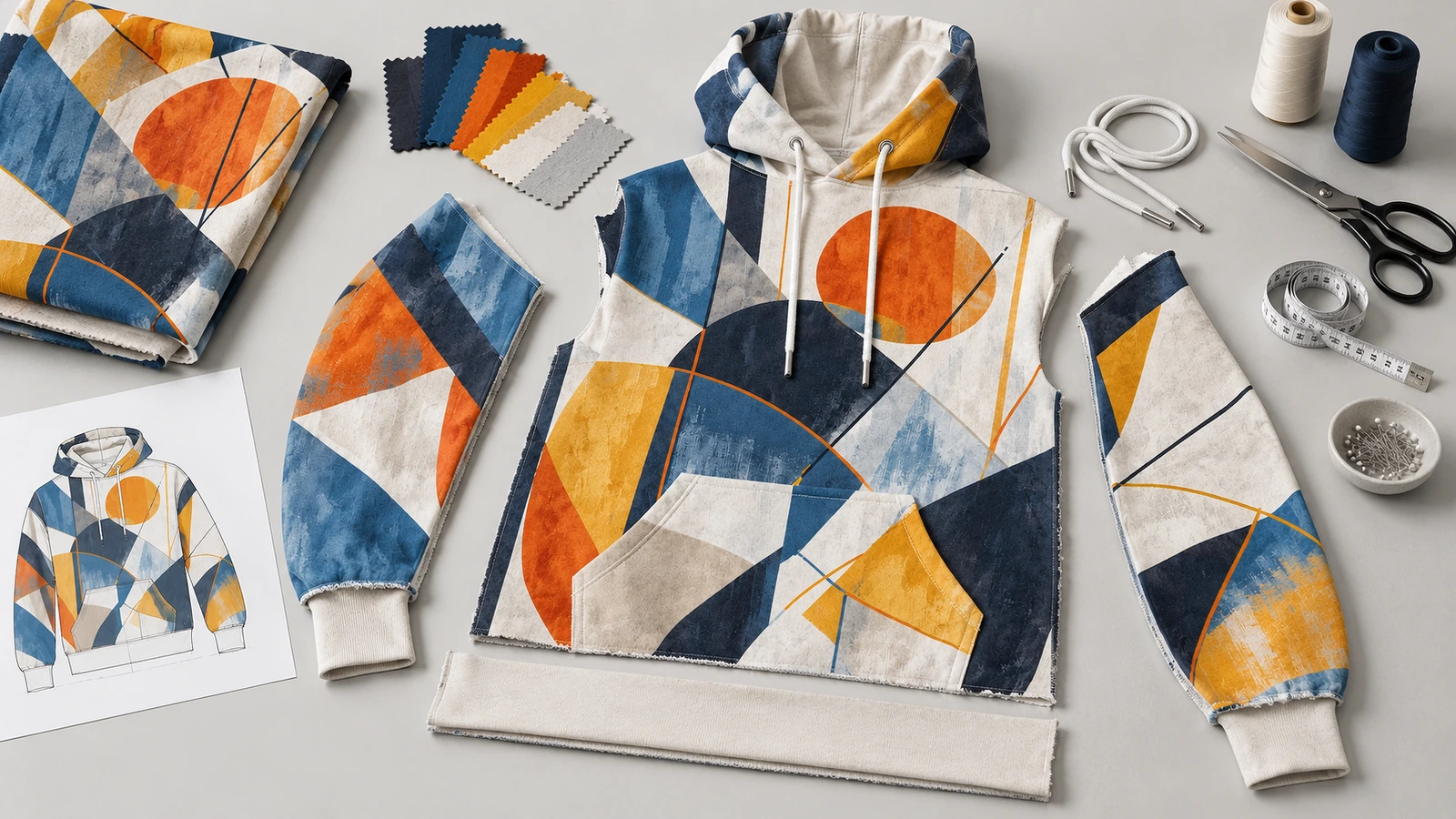 Felpa con cappuccio pullover a stampa geometrica con ritagli di tessuto abbinati, campioni di tessuto, coulisse e strumenti da cucito