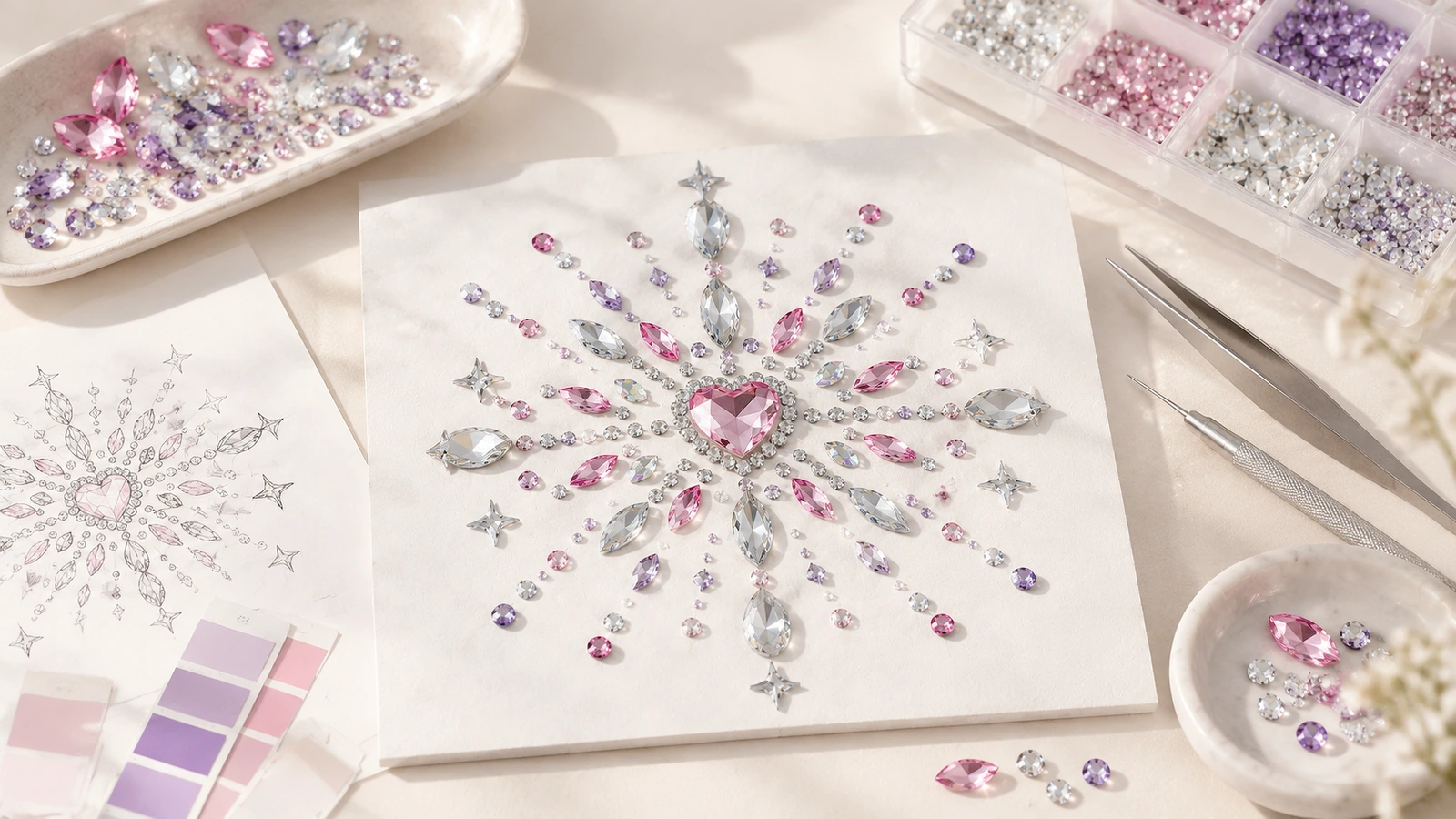 Motivo di strass rosa, viola e trasparente con centro a forma di cuore su un foglio bianco, accanto a uno schizzo di design, campioni di colore e attrezzi
