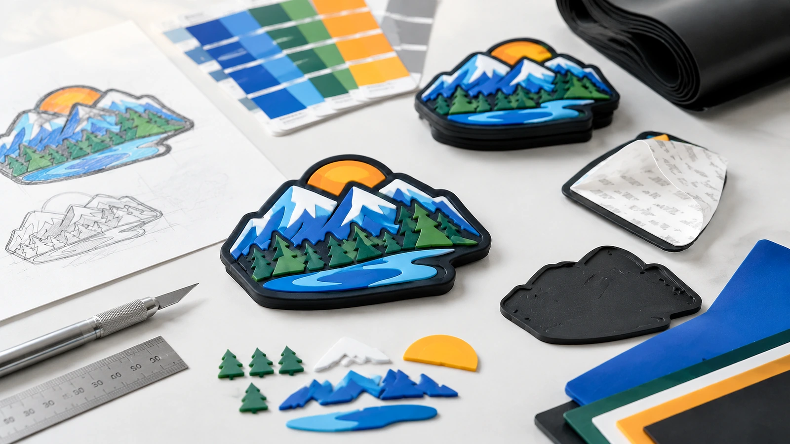 File grafici e componenti di esempio per etichette in PVC morbido Etichette morbide in PVC con grafica di montagna, file grafici, campioni di colore e strumenti disposti su un piano di lavoro