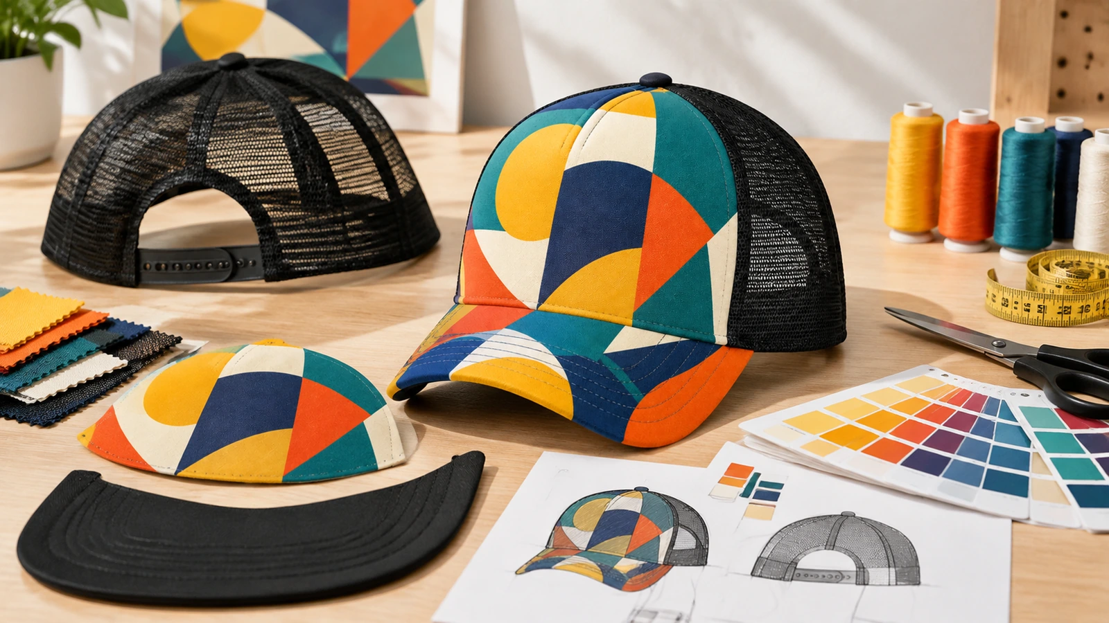 Berretti con retro in rete e stampa geometrica accanto a componenti del berretto, campioni di filato e di colore