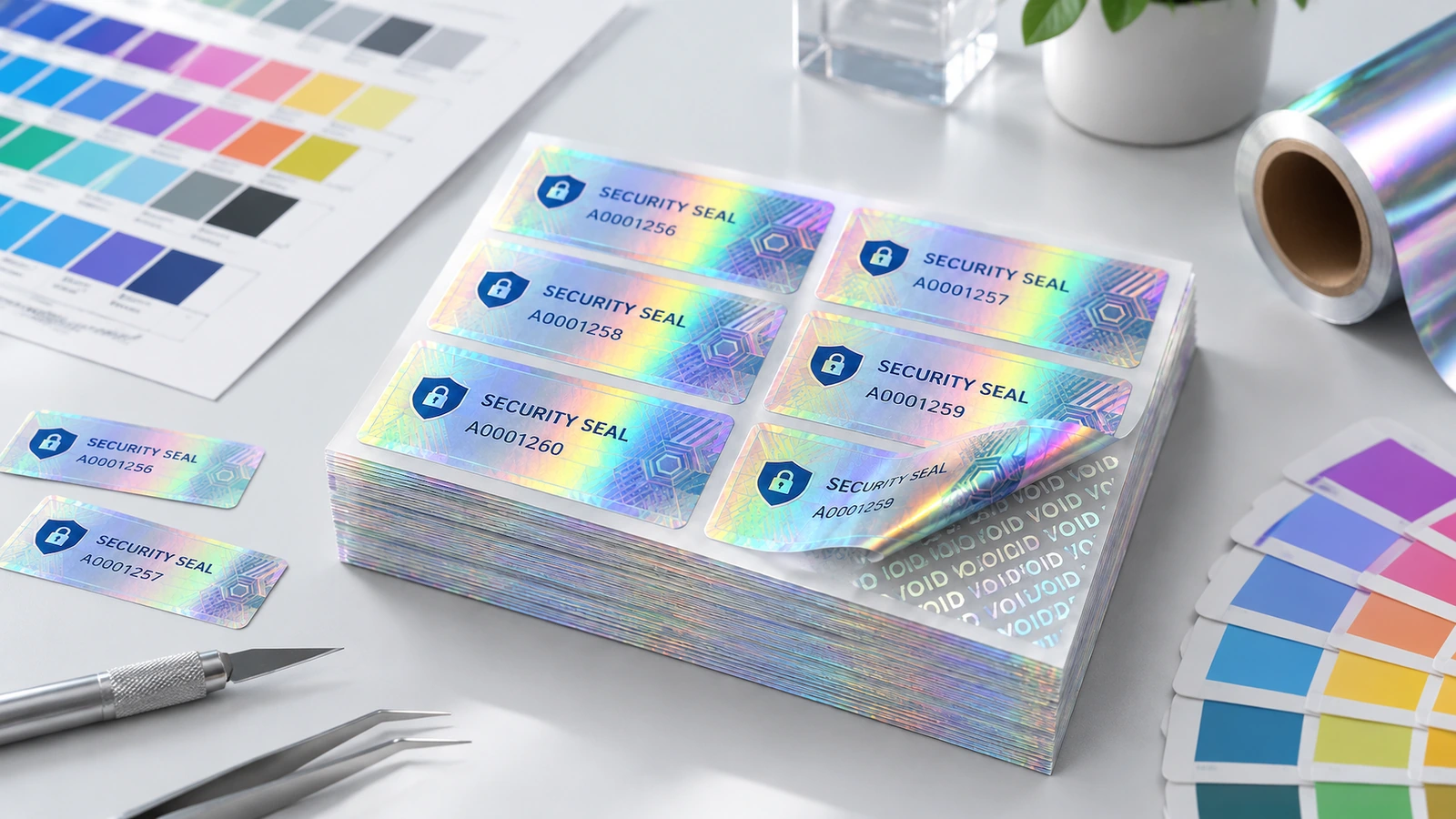 Fogli di etichette di sicurezza olografiche impilati accanto a campioni colore, con un angolo staccato che mostra un motivo VOID
