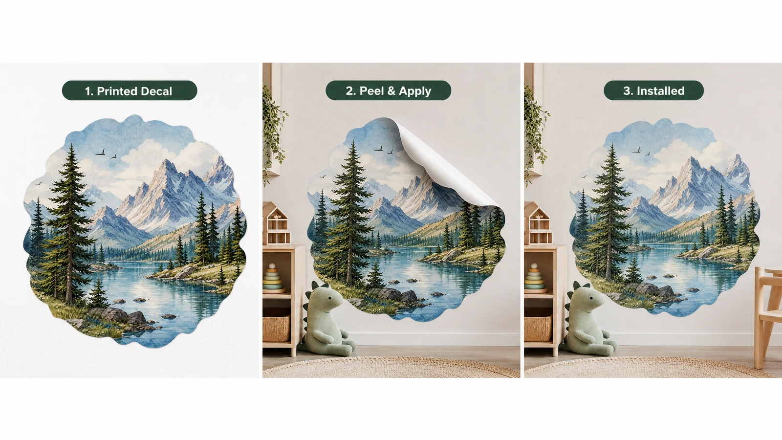 Illustrazione in 3 pannelli che mostra una decalcomania stampata con montagne e lago, la fase di distacco e applicazione e il risultato installato