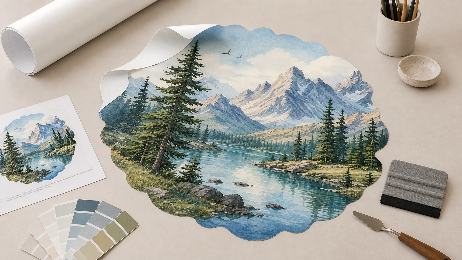 Decalcomania murale con montagne e lago su un piano di lavoro, accanto a un campione stampato, campionari di colore e una spatola