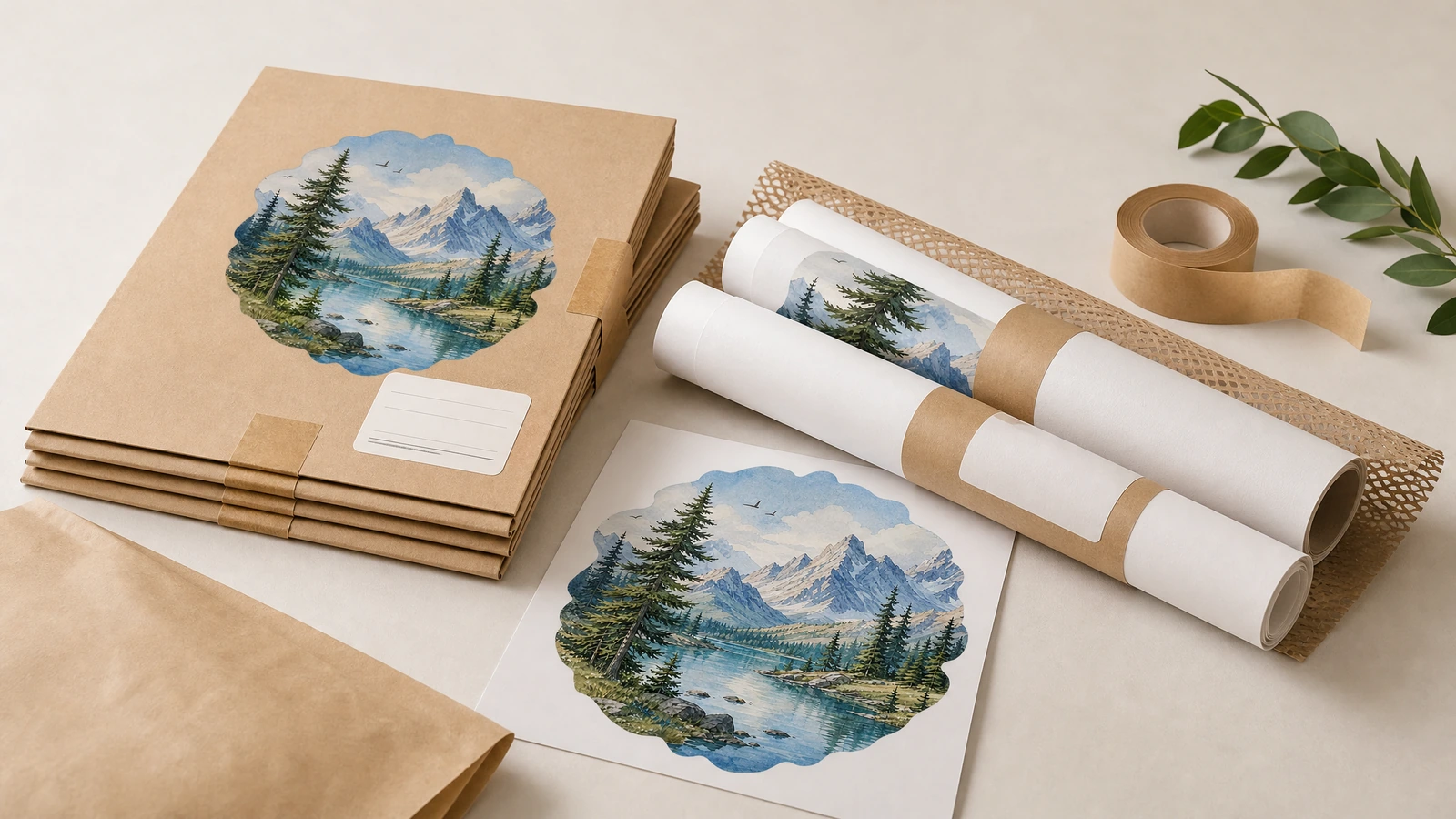 Confezioni piatte di cartone, stampe arrotolate con fasce di carta kraft e un campione di decalcomania con montagne e lago su un tavolo