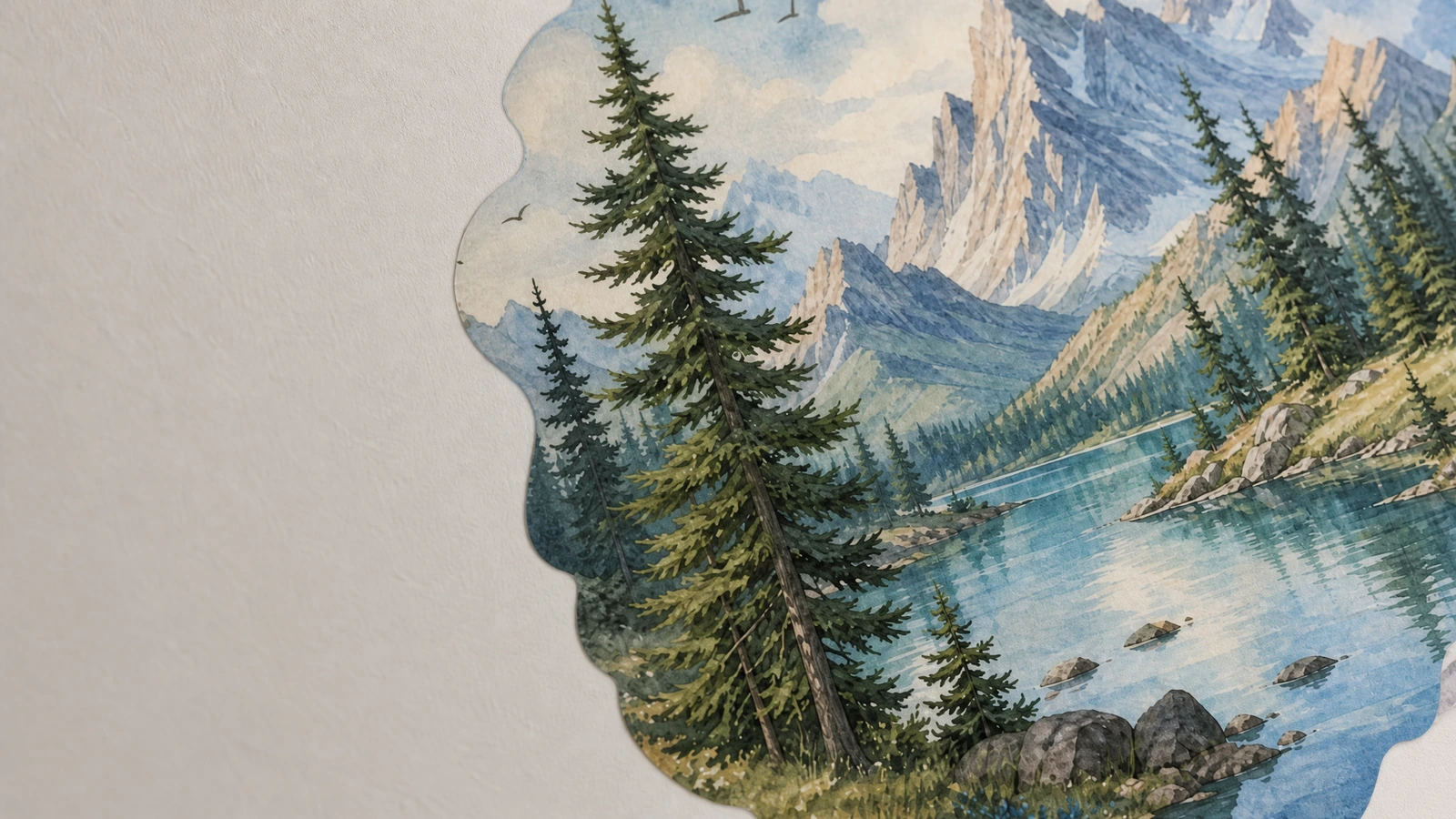 Primo piano di una decalcomania con montagne e lago che mostra alberi sempreverdi, picchi rocciosi e una riva del lago