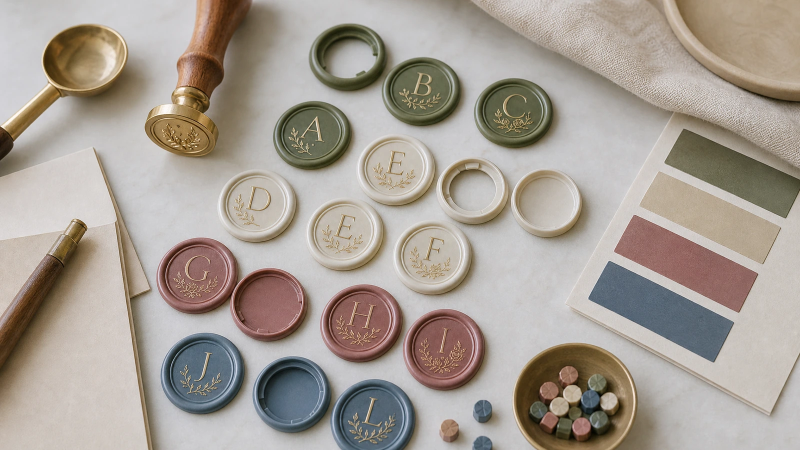 Sigilli in ceralacca con monogramma in verde, avorio, rosa e blu accanto a un timbro per ceralacca, un cucchiaio e campioni cromatici