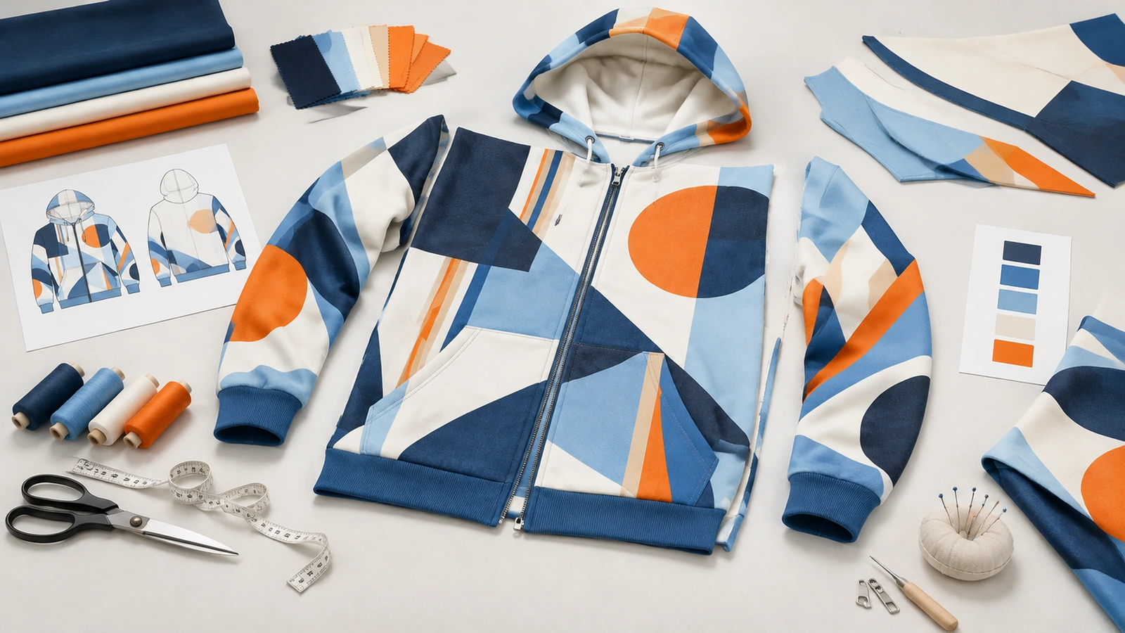 Felpa con zip geometrica e materiali di progettazione Felpa con zip geometrica blu, arancione e bianca circondata da campioni di tessuto, filo e attrezzi da cucito