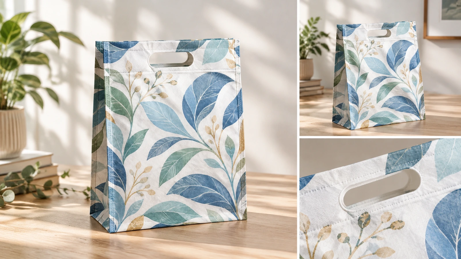 Borsa D-cut con stampa a foglie, con inserto della vista frontale e primo piano dell'apertura del manico