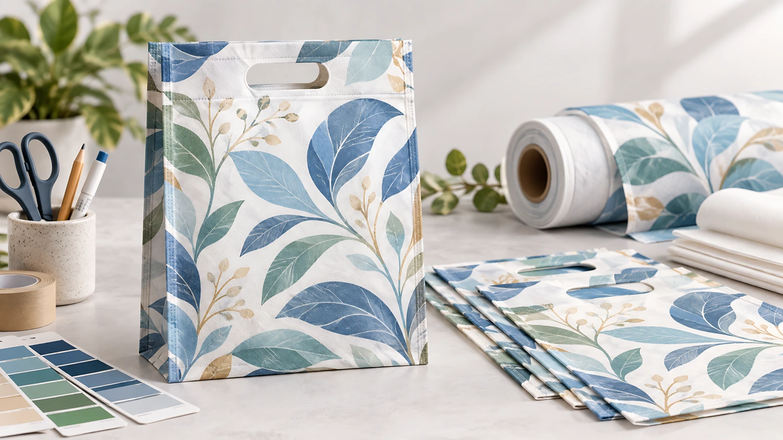 Borsa D-cut con stampa a foglie blu e verde, con rotoli di materiale stampato, borse impilate e campioni di colore