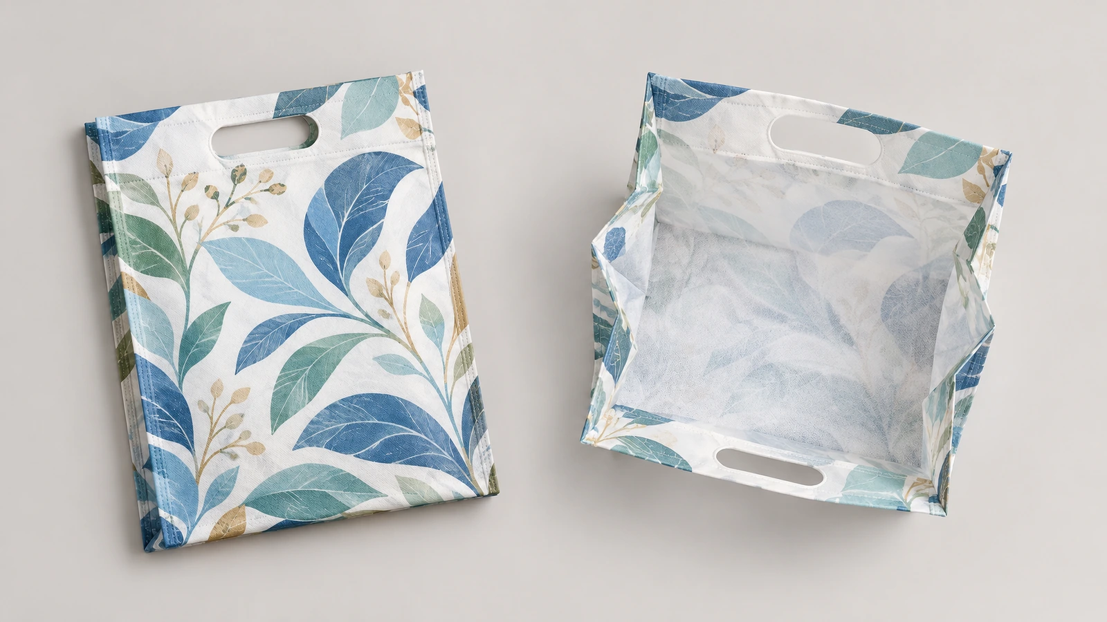 Vista frontale e aperta di una borsa D-cut con stampa a foglie