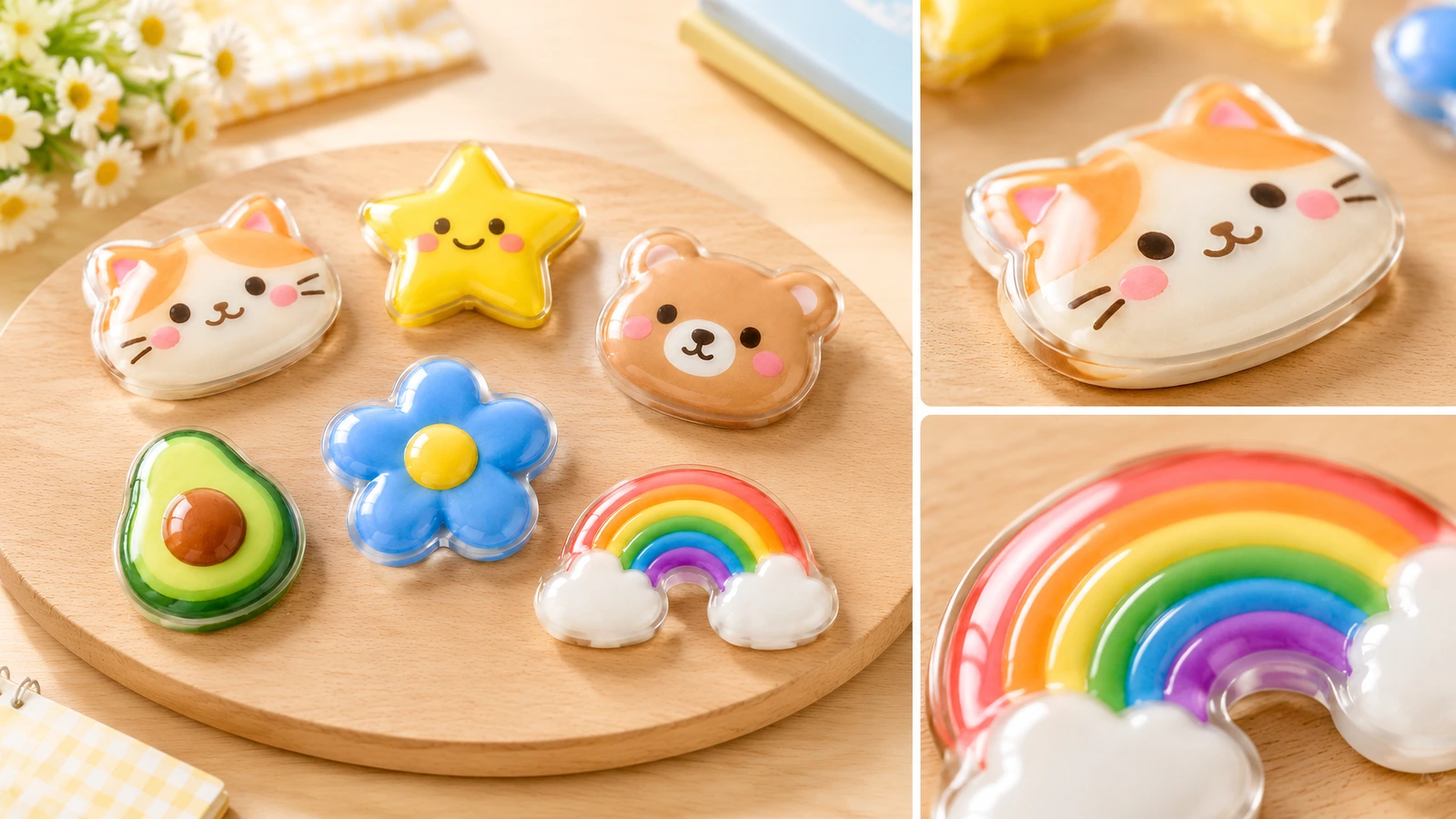 Adesivi a cupola con gatto, stella, orso, fiore, avocado e arcobaleno su un vassoio rotondo di legno, con dettagli di gatto e arcobaleno
