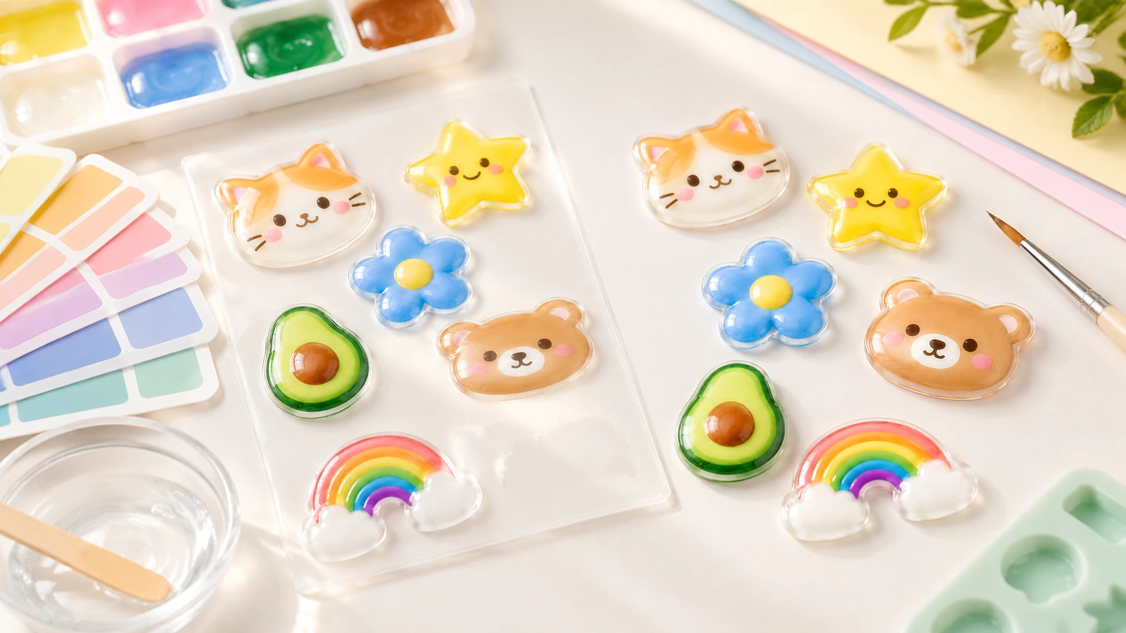 Fogli di adesivi lucidi a cupola con disegni di gatto, stella, fiore, orso, avocado e arcobaleno accanto a materiali per la pittura