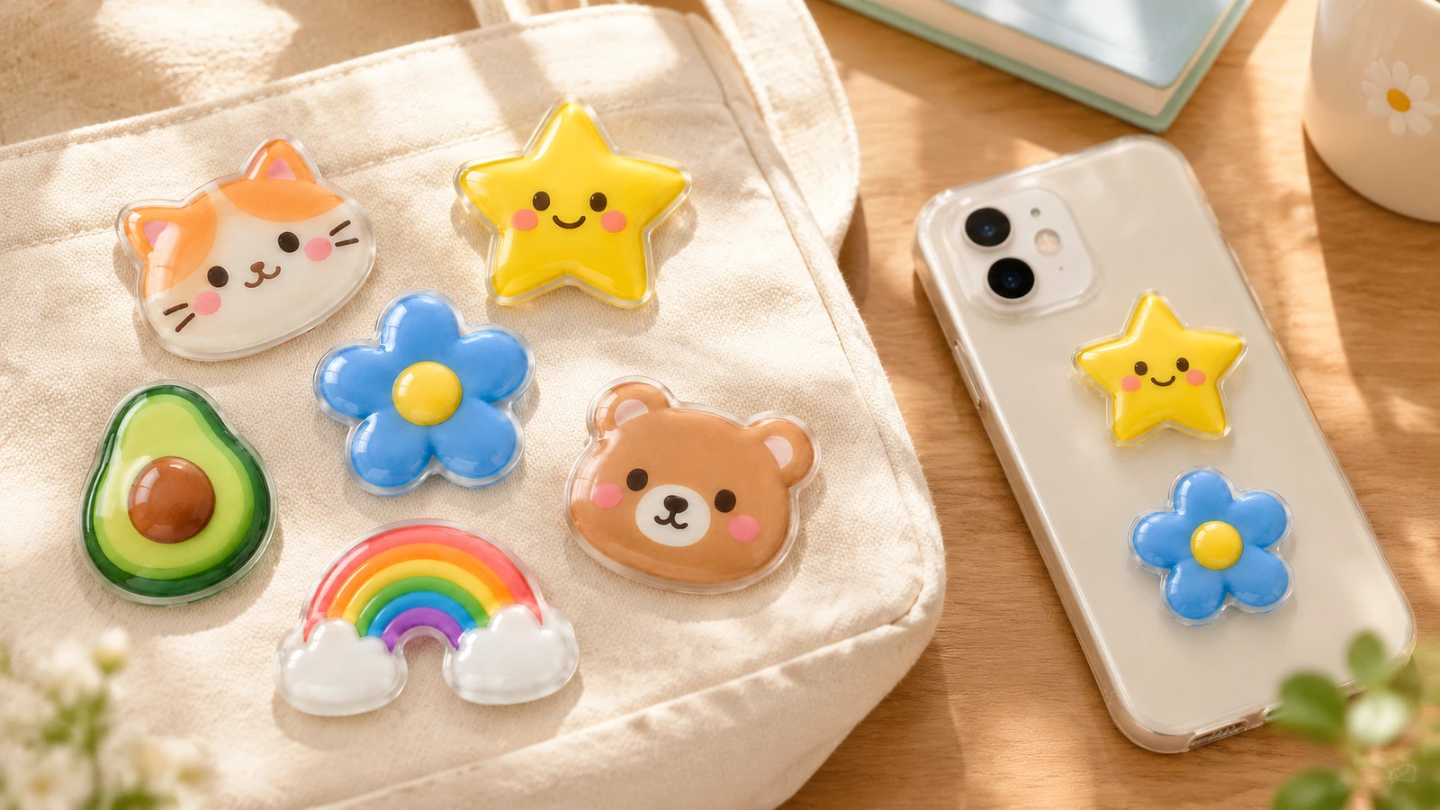 Adesivi a cupola colorati con gatto, stella, fiore, orso, avocado e arcobaleno, esposti su una borsa di tessuto accanto a una cover per telefono decorata