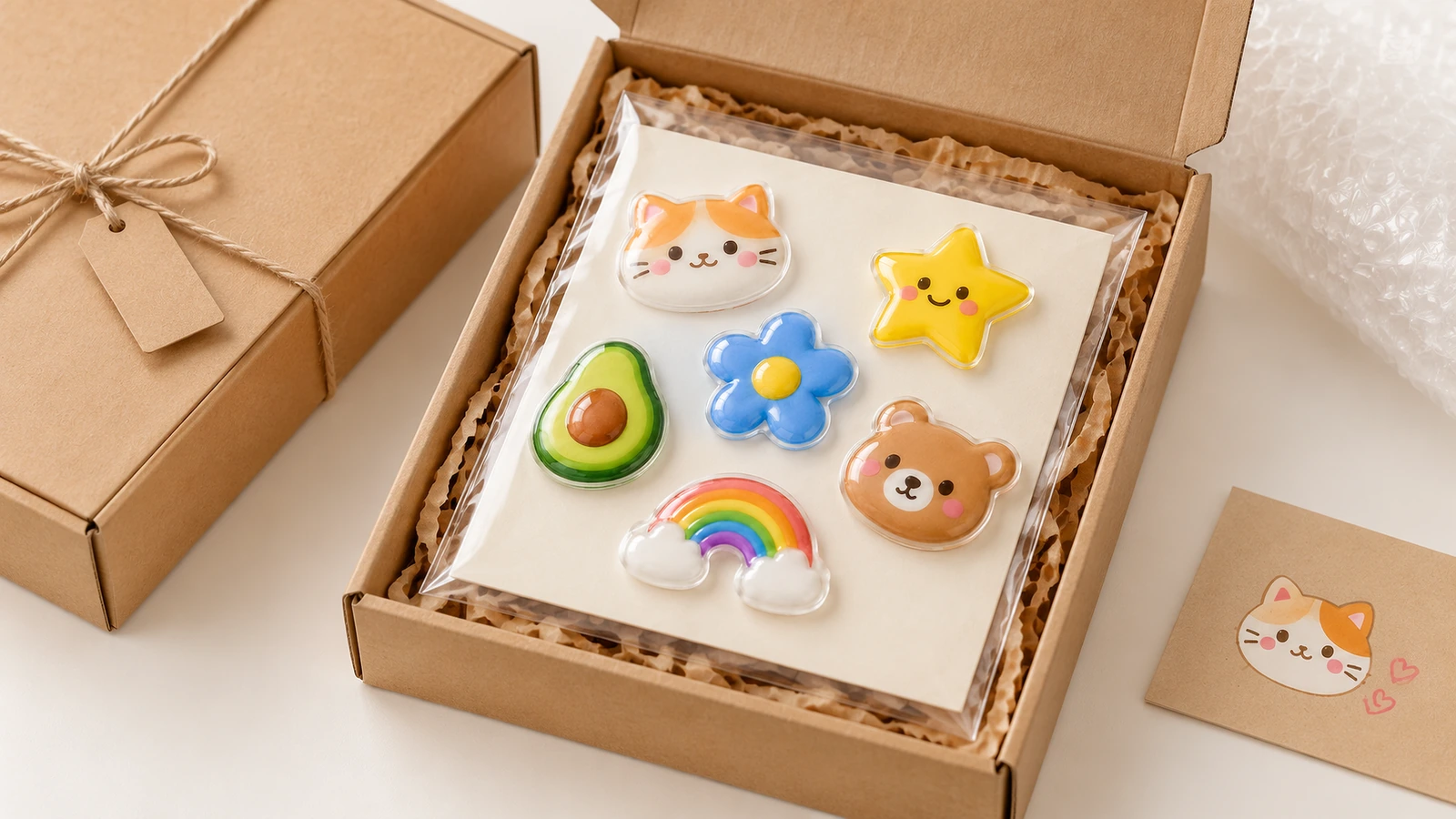 Foglio di adesivi a cupola con cartoni animati presentato in una scatola regalo aperta di cartoncino avana, con imbottitura di carta strappata