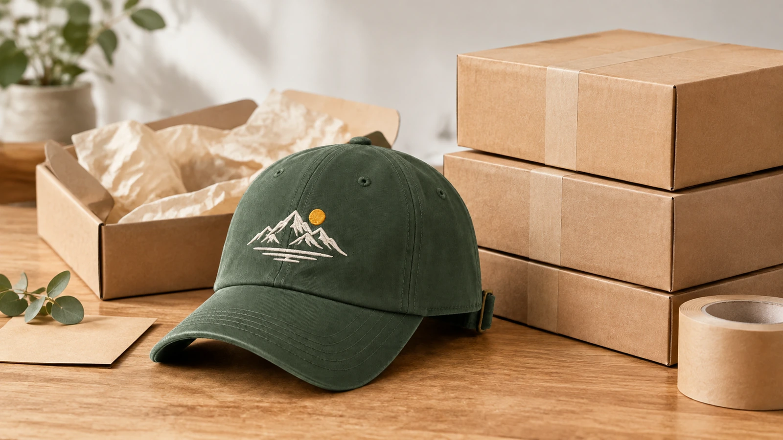 Cappellino verde ricamato accanto a scatole di cartone e carta da imballaggio