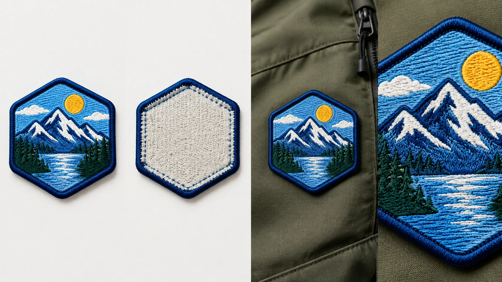Collage con fronte, retro e posizionamento della patch su una giacca