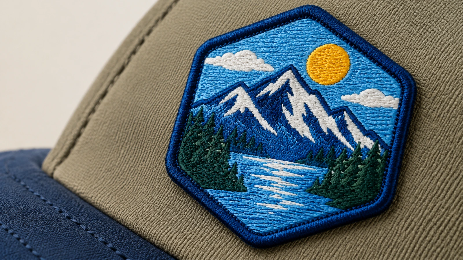 Primo piano di una patch ricamata con paesaggio di montagna su un cappello in tessuto verde oliva