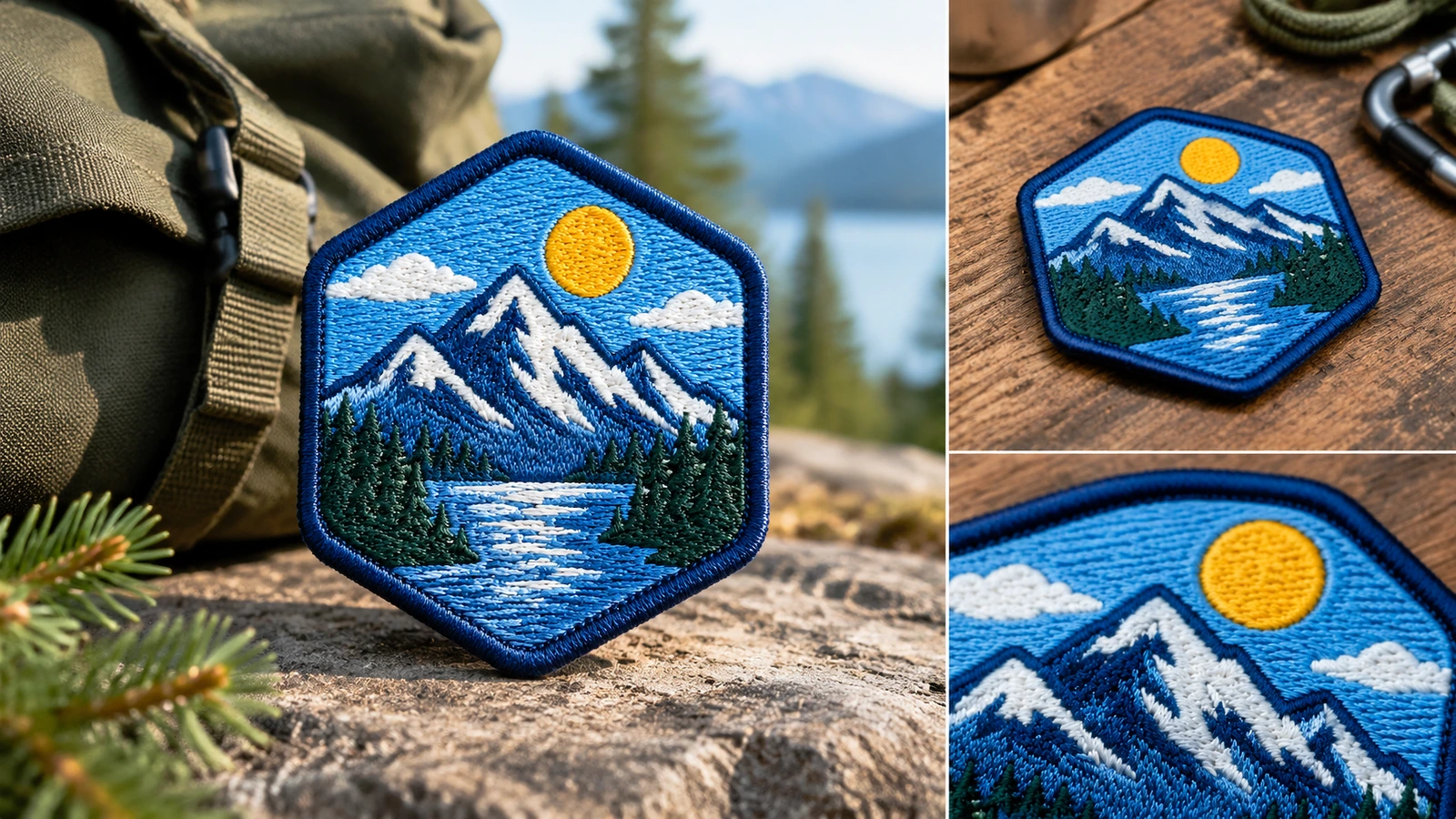 Collage di una patch con montagne all'aperto, su legno e in primo piano del punto