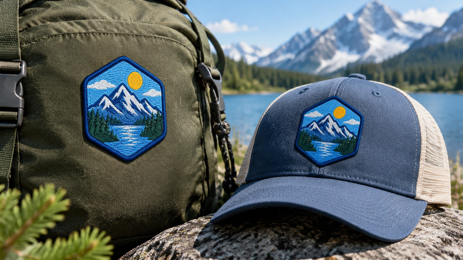 Patch gemelle con montagne su uno zaino e un cappello accanto a un lago