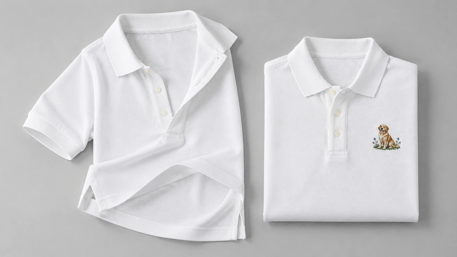 Maglia polo bianca semplice non piegata accanto a una maglia polo bianca piegata con un piccolo ricamo di cane