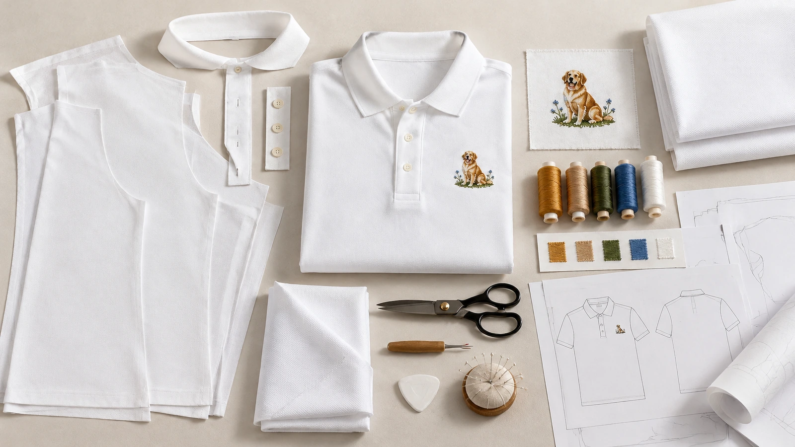 Maglia polo bianca, ritagli di tessuto, rocchetti di filo da ricamo, forbici e un campione con disegno di cane disposti su un piano di lavoro