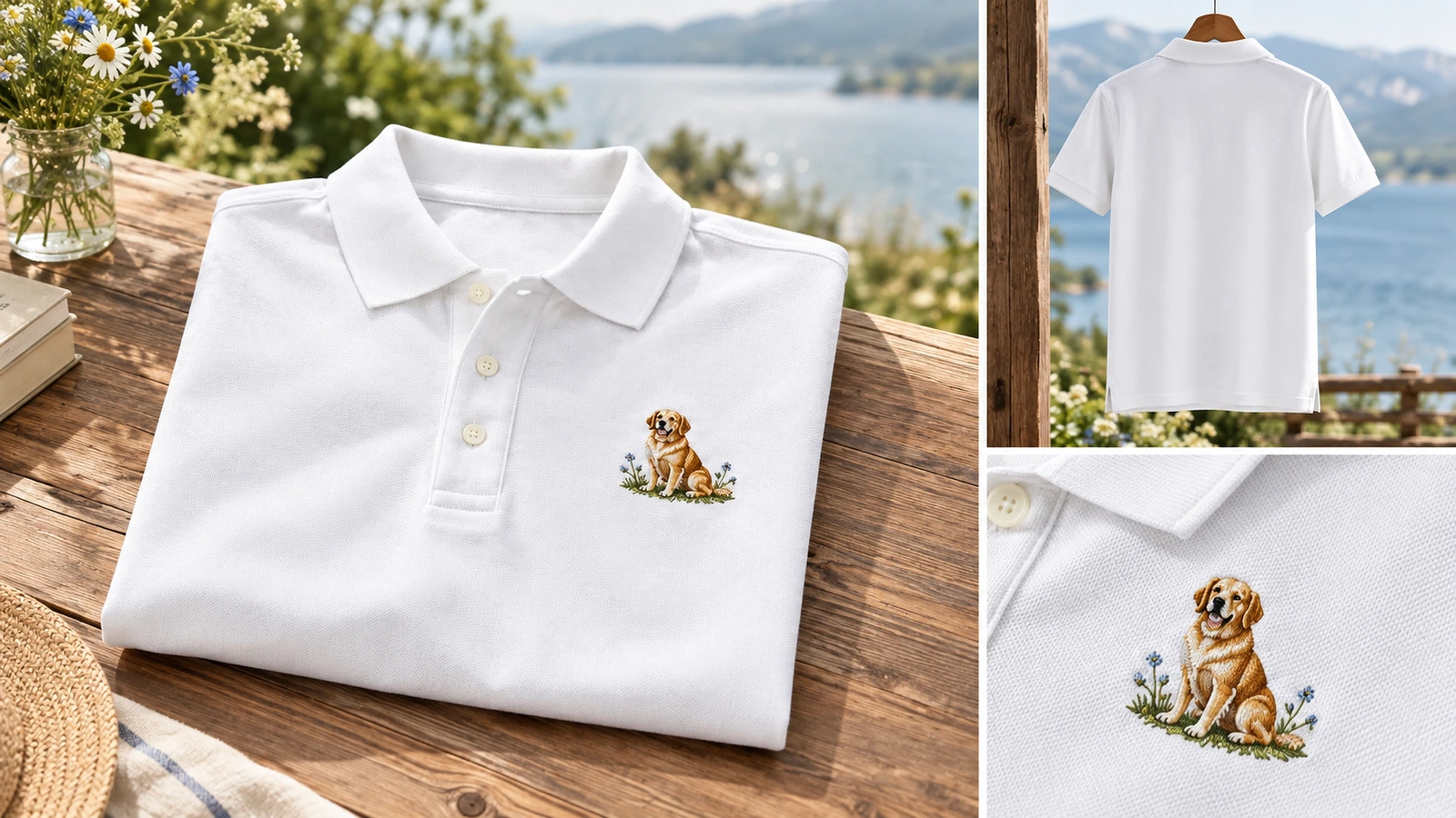 Collage di una maglia polo ricamata piegata all'aperto, una vista posteriore appesa e un primo piano del motivo del cane
