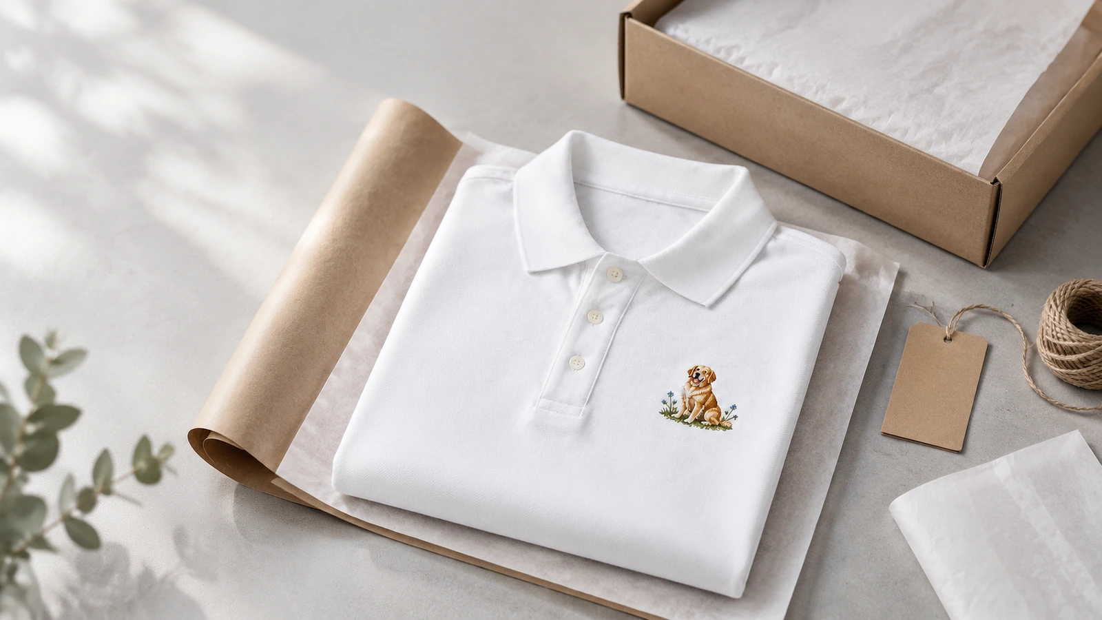 Maglia polo bianca ricamata piegata su carta da imballo kraft accanto a una scatola e a un cartellino vuoto
