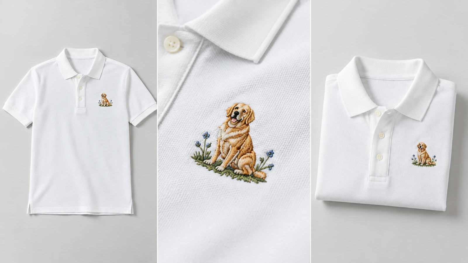 Collage di una maglia polo bianca mostrata a figura intera, piegata e in primo piano del ricamo